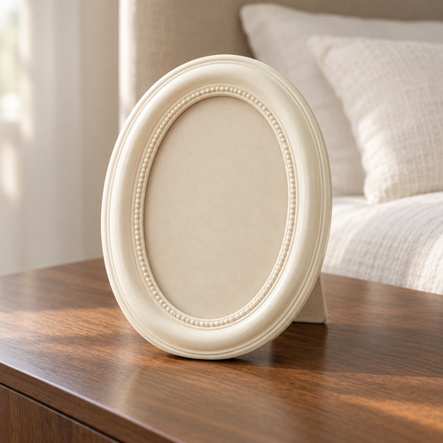 AI styling illustration: Ivory Oval Frame; scene props not included